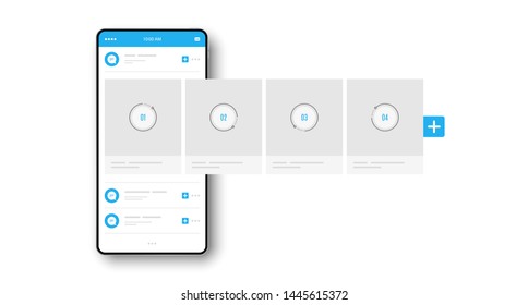 Smartphone with interface carousel post. Social network ads template. Online stories post. Comment chat bubble. Carousel ads banner. Social media story. Phone mockup template. Vector