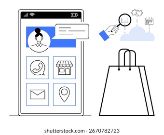 Smartphone interface displaying shopping app icons, user chat bubble, search magnifying glass analyzing data, and shopping bag. Ideal for e-commerce, mobile apps, retail, customer service, analytics