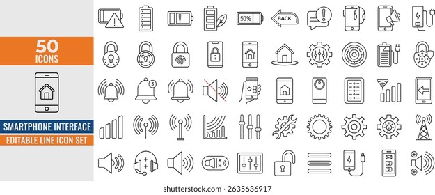 Smartphone Interface line Icons set for web. editable stroke vector illustration