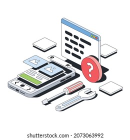 Smartphone interface, question window, help service, tools. Vector 3d sketch line isometric style, color icon illustration. Creative design idea and infographics elements.