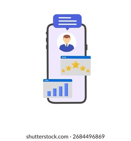 smartphone interface showing user profile, chat bubble, rating stars, and analytics chart, representing customer review, feedback, and user experience.