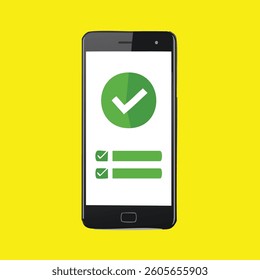Smartphone interface shows completion, with checkmarks and progress indicators. Yellow background