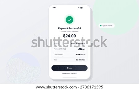 A smartphone interface shows a payment successful message for a premium voice plan. The screen includes a green checkmark icon, transaction details, and a dark button labeled done.