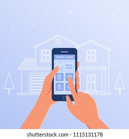 Un smartphone con interfaz de configuración de hogar inteligente y sistema de controladores. Innovación de la casa inteligente, internet de cosas, panel de control móvil y concepto de acceso remoto. Ilustración de diseño plana vectorial.