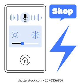 Smartphone interface with voice command button, temperature slider, home button, online shopping icon, and lightning bolt symbol. Ideal for smart home, technology, online shopping, voice control