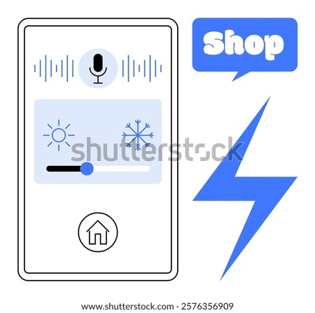 Smartphone interface with voice command button, temperature slider, home button, online shopping icon, and lightning bolt symbol. Ideal for smart home, technology, online shopping, voice control