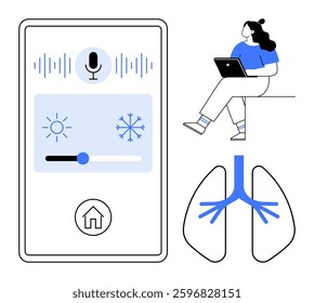 Smartphone interface with voice icon and temperature control user with laptop blue lung symbol. Ideal for technology, smart living, health, AI, user interface, climate control, home automation. Line