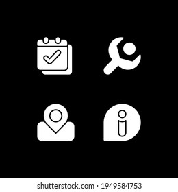 Smartphone interface white glyph icons set for dark mode. Calendar. Settings menu. Maps. News. Smartphone UI button. Silhouette symbols on black background. Vector isolated illustration bundle