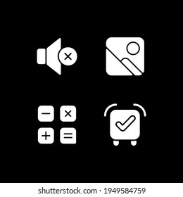 Smartphone interface white glyph icons set for dark mode. Silent mode setting. Photo gallery. Smartphone UI button. Silhouette symbols on black background. Vector isolated illustration bundle