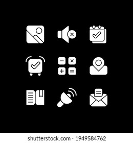 Smartphone interface white glyph icons set for dark mode. Photo gallery. Silent mode setting. Smartphone UI button. Silhouette symbols on black background. Vector isolated illustration bundle