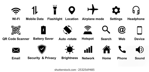 wifi, datos, seguridad, ubicación, red, girar, modo de avión, ahorro de batería, escáner de código QR, hogar, dispositivo, búsqueda, Configuraciones, correo electrónico, luz flash, etc icono