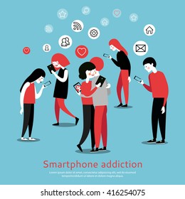 Smartphone internet addiction awareness flat poster with people chatting with virtual friends and checking mails abstract vector illustration 