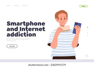 Smartphone and internet addiction concept for landing page with child using phone while eating