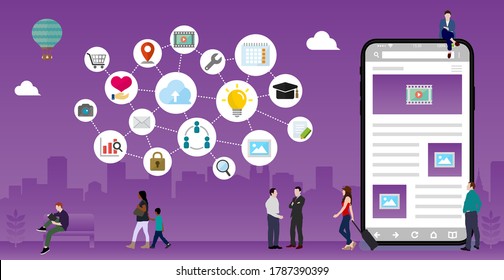 Smartphone (Internet, red en línea, comunicación global ) y ilustración de banner vector de tecnología	