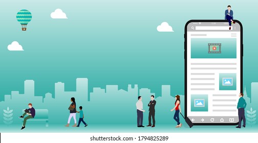Smartphone (Internet, red en línea, comunicación global ) y ilustración de banner vector de tecnología	