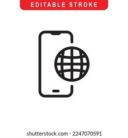 Smartphone Internet Outline Icon. Mobile Internet Line Art Logo. Vector Illustration. Isolated on White Background. Editable Stroke