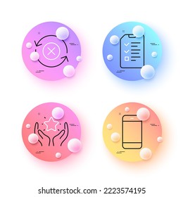 Smartphone, Entrevista y Ranking iconos mínimos de línea. botones de esferas o bolas 3d. Rechazar iconos de actualización. Para web, aplicación, impresión. Teléfono móvil o teléfono, archivo de lista de verificación, estrella de espera. Vector