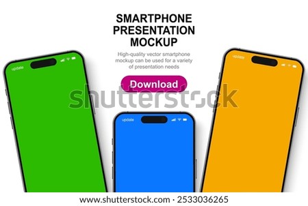 Smartphone Iphone mockup group front view with shadow, 3D mobile phones, high quality smart phone mockup for ui ux presentation, realistic smart phone set isolated on white background