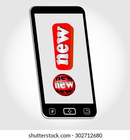 Smartphone - isolated object with emblem New represented as red exclamation mark with inscription New. Image on light gray background with gradient. Vector EPS 10.
