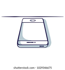 Smartphone isolated on the white background. View of lying. Hand drawn doodle cartoon vector illustration.