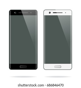 Smartphone isolated on white background. Black and white smartphones with blank screen. Cell mobile phone mockup design. Vector illustration.