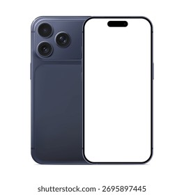 Smartphone isolated presenting blank white screen and back side with three cameras