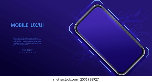 Smartphone isometric in front view with modern dark blue screen. Phone exclusive glass screen on table. Isolated mobile technology object background. Ai tech cellphone vector concept.