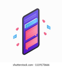 Smartphone isometric icon. 3D flat mobile device with communication icons and chat on screen isolated on white background.