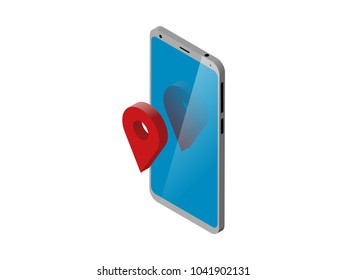 smartphone in isometric with location icon on white. Vertical position. Sign of communication