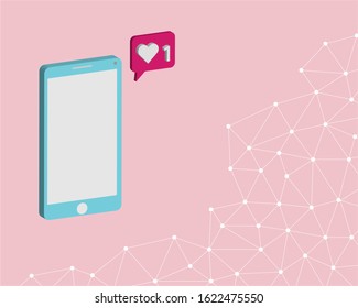 Smartphone isometric  with a title like icon of instagram  and connecting line.Geometric pattern