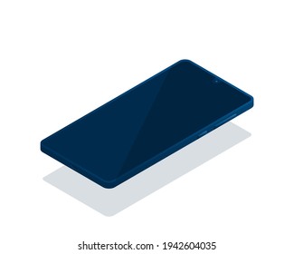 Un smartphone está en una vista isométrica con una pantalla apagada. El teléfono está aislado en un fondo blanco. Ilustración vectorial. Tonos azules.
