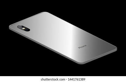Smartphone in isometry with camera, white phone on black background, the view from the back, realistic vector illustration