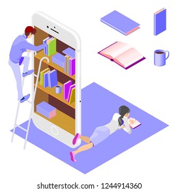 Smartphone in isometry. Vector illustration of a web library in a smartphone, learning online.
