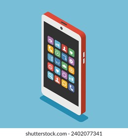 Smartphone. Isometry. Vector isometric illustration. Cell phone with working screen and operating system icons. Mobile phone in vertical position isolated on blue background with shadow.