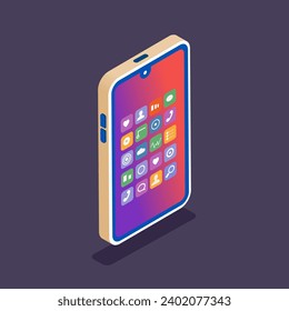 Smartphone. Isometry. Vector isometric illustration. Cell phone with working screen and operating system icons. Mobile phone in vertical position isolated on purple background with shadow.