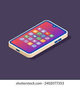 Smartphone. Isometry. Vector isometric illustration. Cell phone with working screen and operating system icons. Mobile phone in the horizontal position isolated on blue background with shadow.