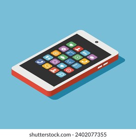 Smartphone. Isometry. Vector isometric illustration. Cell phone with working screen and operating system icons. Mobile phone in the horizontal position isolated on blue background with shadow.