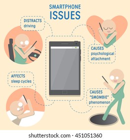 Smartphone issues infographics. Beige background. People figures. Stock vector illustration.