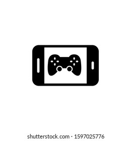 Smartphone with joystick icon in black flat on white background, favorite, like, love, care symbol