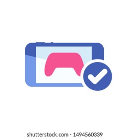 Smartphone with joystick icon with check sign, approved, confirm, done, tick, completed symbol