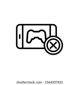 Smartphone with joystick icon not allowed sign in line art style on white background