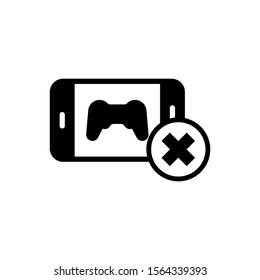 Smartphone with joystick icon not allowed sign in black flat design on white background