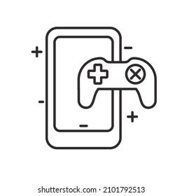 Ilustración vectorial Smartphone y joystick con diseño de línea simple aislado en fondo blanco. Icono de juego móvil en estilo lineal