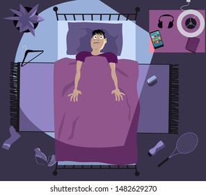 Smart-phone keeps a young man awake late at night, EPS 8 vector illustration 
