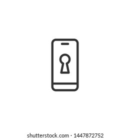 Smartphone With Key Hole  Silhouette Simple Icon.  Locked, Safe, Protected Phine. Password, Parole Sign.   Line Flat Vector Illustration Isolated On White. 