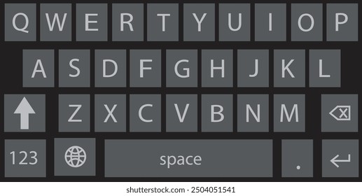 Smartphone keyboard in dark mode, keypad alphabet buttons in trendy modern flat style, mobile phone tab concept for black color text app vector illustration isolated on transparent background.