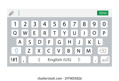 Smartphone keyboard. Keypad alphabet and numbers. Virtual key board for mobile phone. Mockup keypad for a touchscreen device. Social media keyboard for digital device. Flat style. Vector illustration.