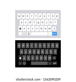 Smartphone keyboard in light and dark mode, keypad alphabet buttons in modern flat style, mobile phone tab concept for white and black color text app, vector illustration.