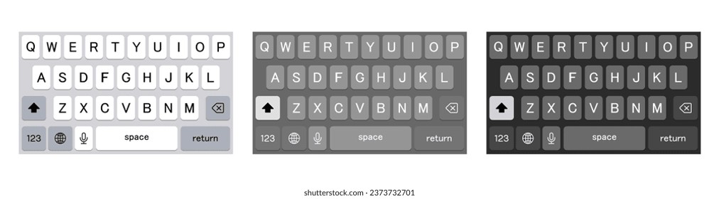 Smartphone keyboard in light and dark mode, keypad alphabet buttons in modern flat style, mobile phone tab concept for white and black color text app, vector illustration 10 eps.