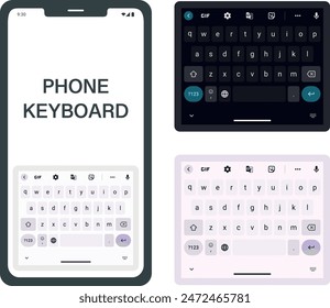 Smartphone-Tastatur im Hell- und Dunkelmodus. Tastatur-Alphabet-Buttone im modernen Flachstil. Bildschirm mit dunklem und weißem UI Mobile Messenger Konversation Mockup. sms Chat, ui, ux Design